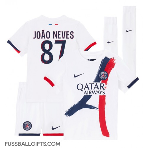 Paris Saint-Germain Joao Neves #87 Fußballbekleidung Auswärtstrikot Kinder 2024-25 Kurzarm (+ kurze hosen)